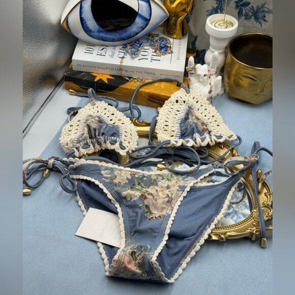 🆕 ZIMMERMANN 🧿 NWT Cascadian Crochet Tri Bikini, Blue Botanical - Sz 3 US6/8 - Picture 13 of 16